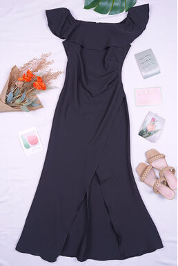 Square Neck Frill Shoulder Side Split Ruched Long Dress (Black)